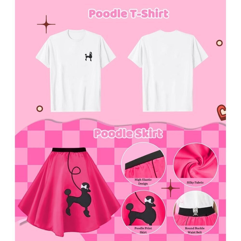 Women 10Pcs 1950s Poodle Skirt Outfit Set Retro Sock Hop Vintage Style - Picture 2 of 6